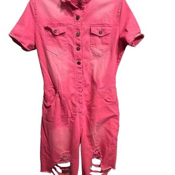 Fashion Women's Distressed and Cutout Pink Denim Jumpsuit Romper - Picture 2 of 9
